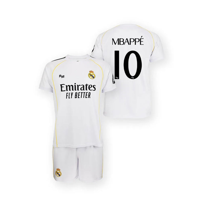 Conjunto Oficial Real Madrid 25/26 Mbappé Branco Infantil - Camisa e Calção de Futebol