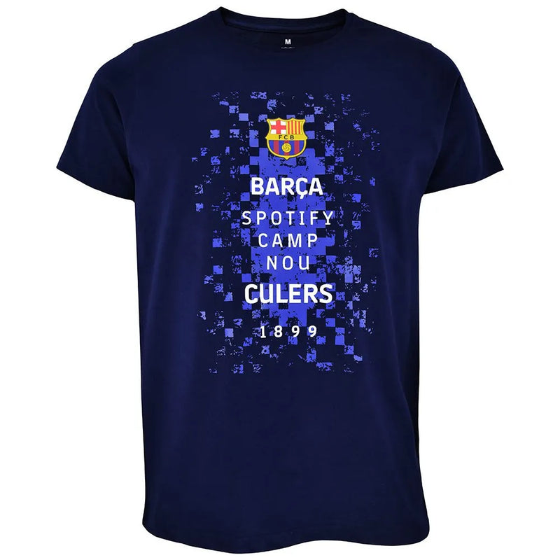 Camiseta Oficial FC Barcelona Spotify Camp Nou Azul Marinho Manga Curta Algodão